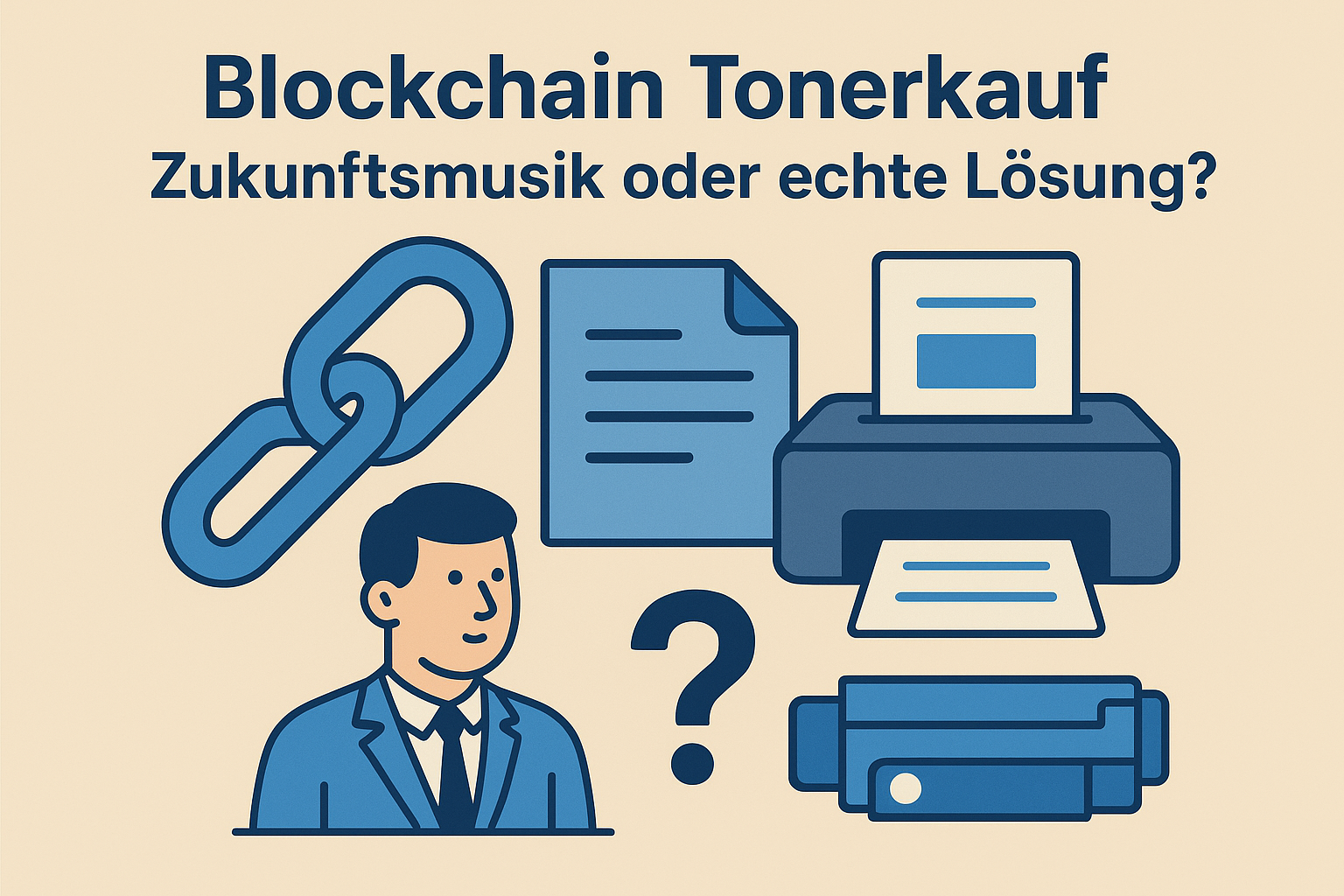 Infografik Blockchain Tonerkauf – Illustration mit Kettensymbol, Drucker und Tonerkartusche, die die Zukunft des sicheren und transparenten Tonerkaufs durch Blockchain-Technologie darstellt