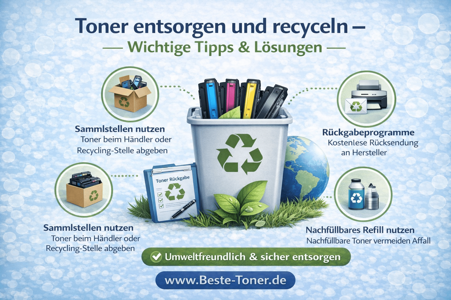 Toner entsorgen und recyceln – Anleitung mit Tipps zur richtigen Entsorgung von Drucker-Tonerkartuschen und umweltfreundlichem Recycling